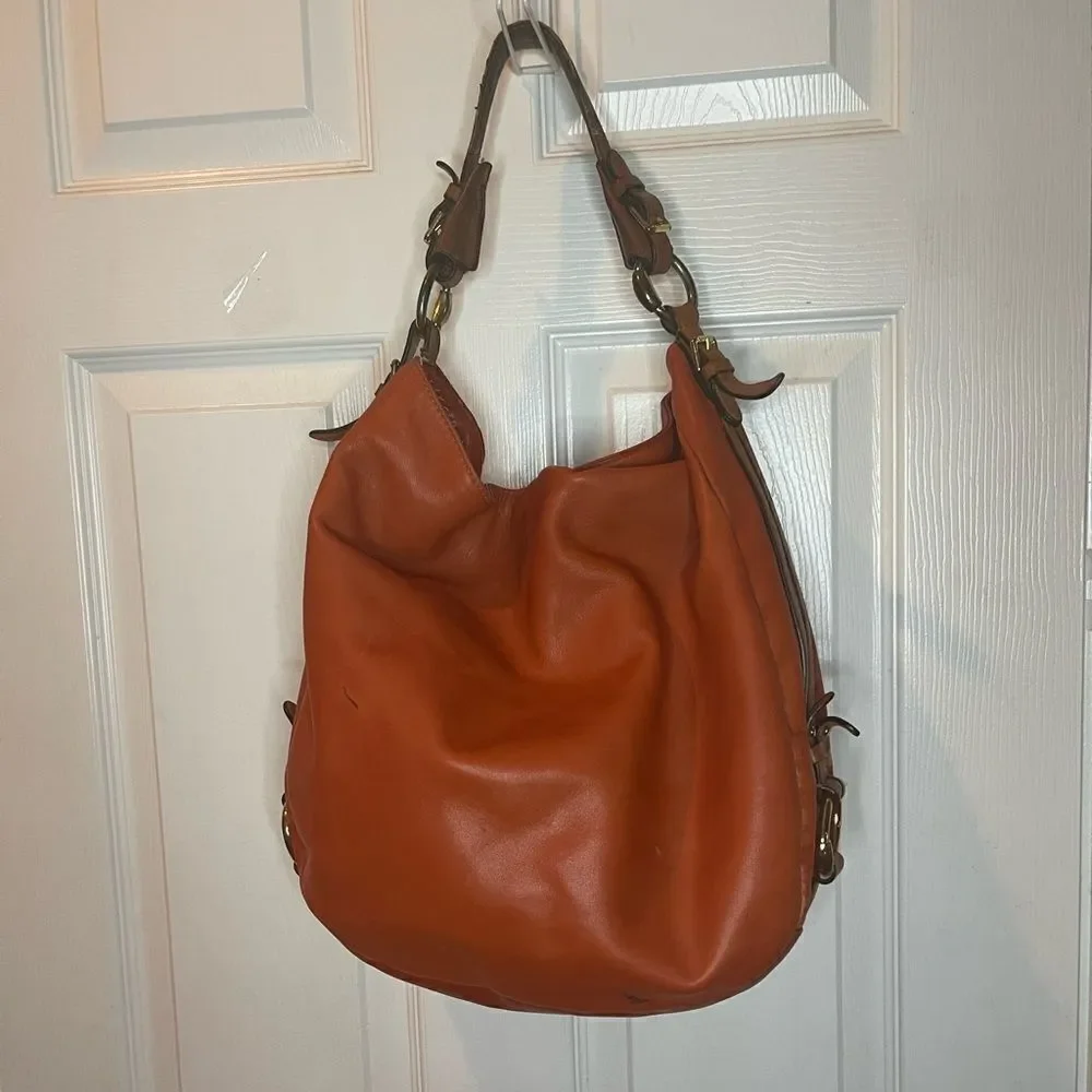 Lauren Ralph Lauren Large Leather Orange Red Hobo Bag Brown strap and trims.
